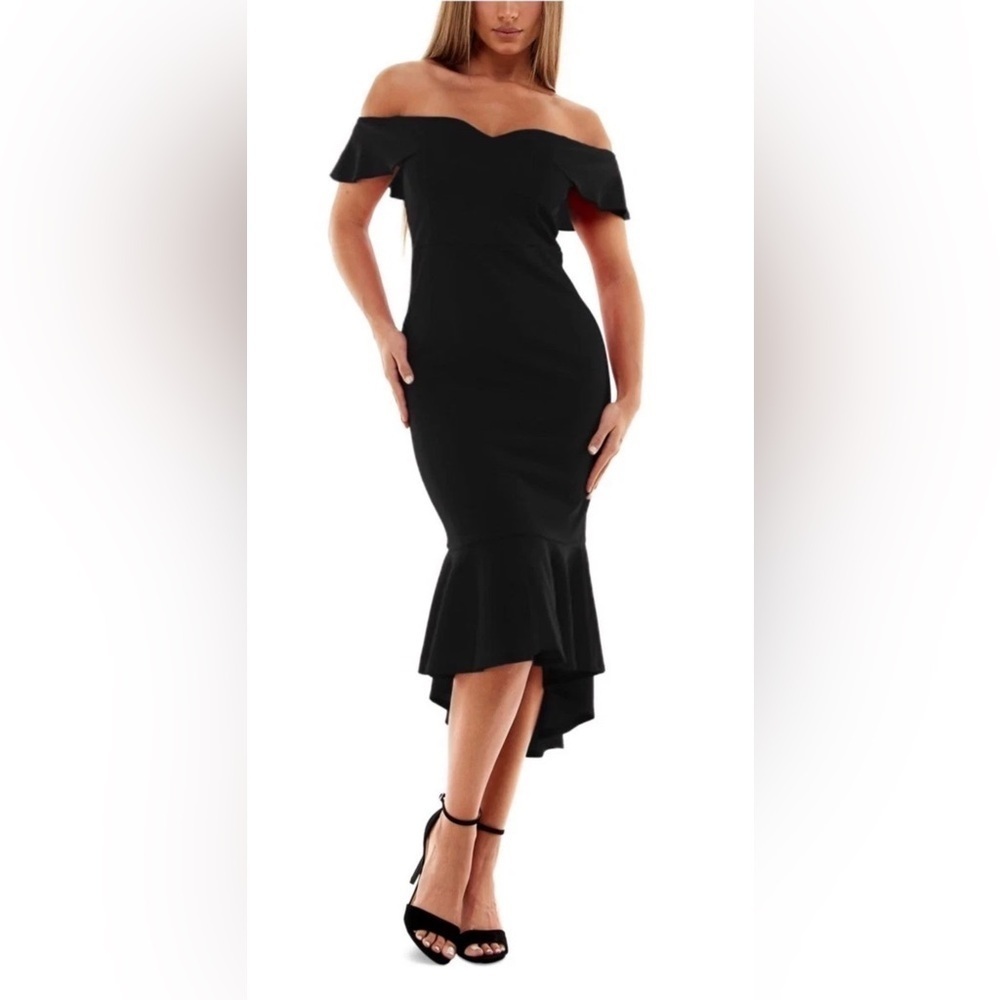 NWT EMERALD SUNDAE Sz L Womens Black Flounce Overlay H-lo Hem Midi Dress Juniors